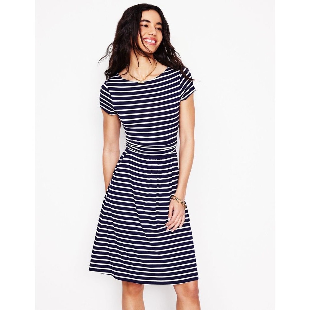 Boden | Amelie Dress Size 6L Navy White Striped Short Sleeve Jersey Pocket Midi